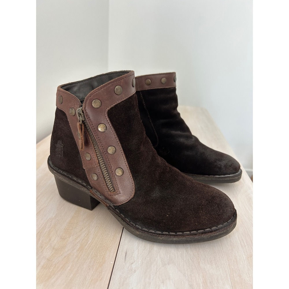 Fly London Brown Suede Studded‎ Ankle Boots Leather Trim Portugal 38 Women's 7.5